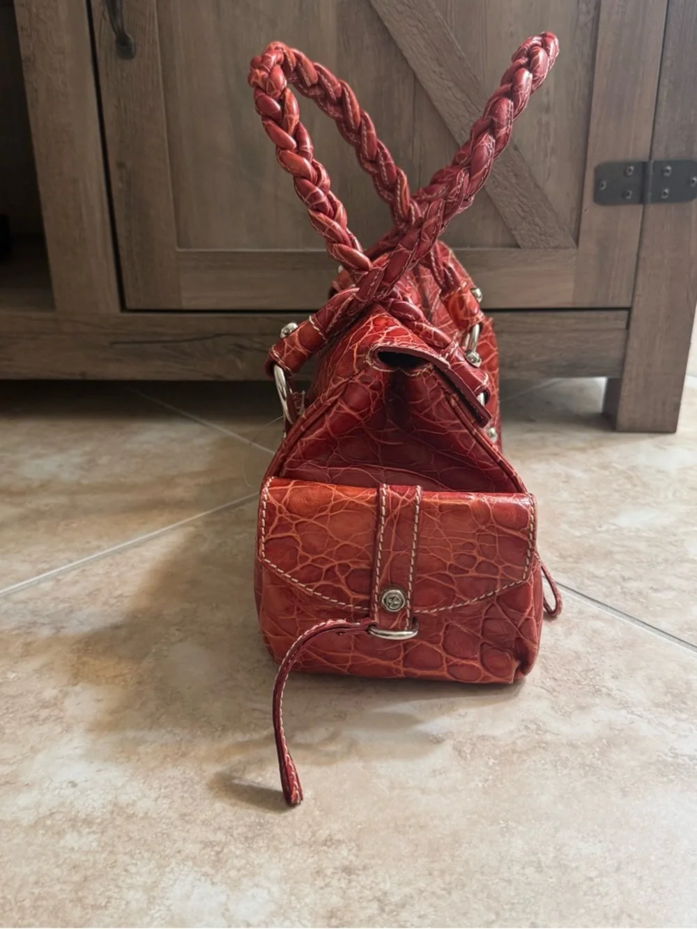 Francesco Biasia Red Braided-Handle Women’s Satchel Bag - Picture 6 of 13